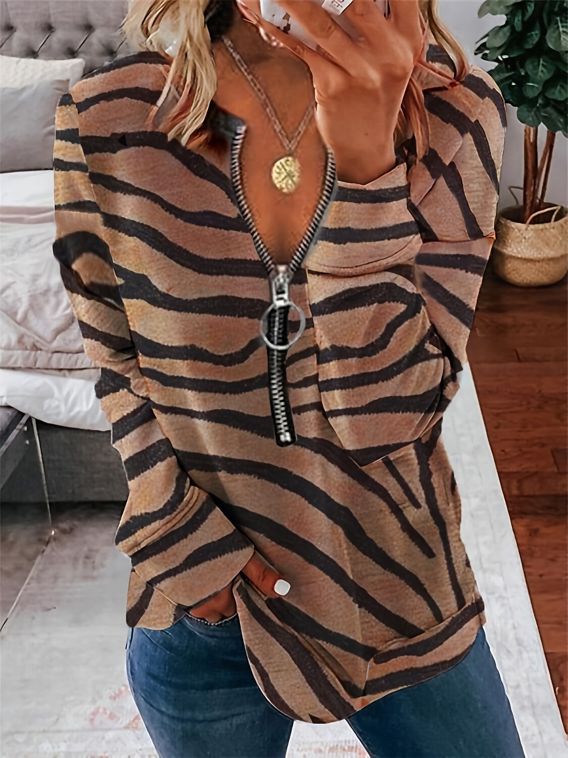 Damen Pullover Sweatshirt Sweatshirts mit Reißverschluss Grafik Leopard Zebra Mode Lässig Langarm Rundhalsausschnitt Normale Oberteile Straße Alltagskleidung Reißverschluss Druck Braun Frühling 2025 - $27.99 –P1