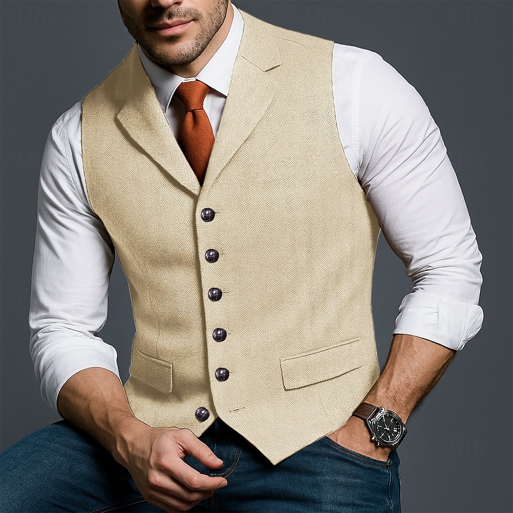 Herren Tweedweste Weste Formell Hochzeit Urlaub Täglich Mode Klassisch Frühling Herbst Tasche Knöpfe Polyester Tweed Bequem Einfach Fischgrätenmuster Einreihig V Ausschnitt Revers Schmale Passform 2025 - $35.99 –P16