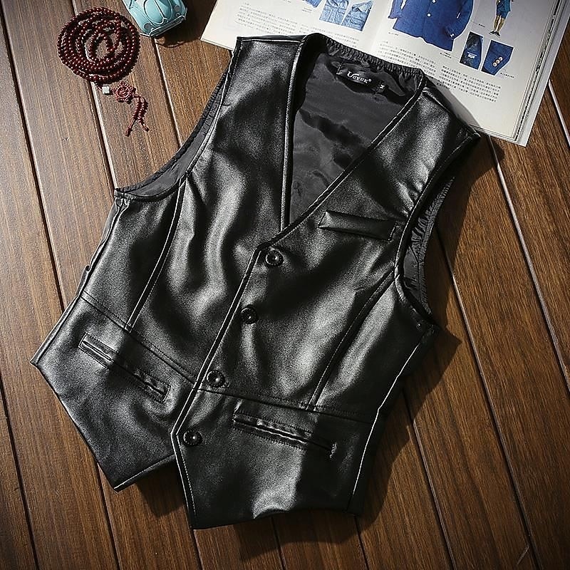Herre سترة Veste Vest i kunstskinn Avslappet Daglig vestlig stil Vår Høst Lomme Knapper Polyester PU Lær Bekvem عادي Fiskebein Enkeltkneppet V-hals Slank Fasong Svart Brun Vest 2025 - $39.99 –P4