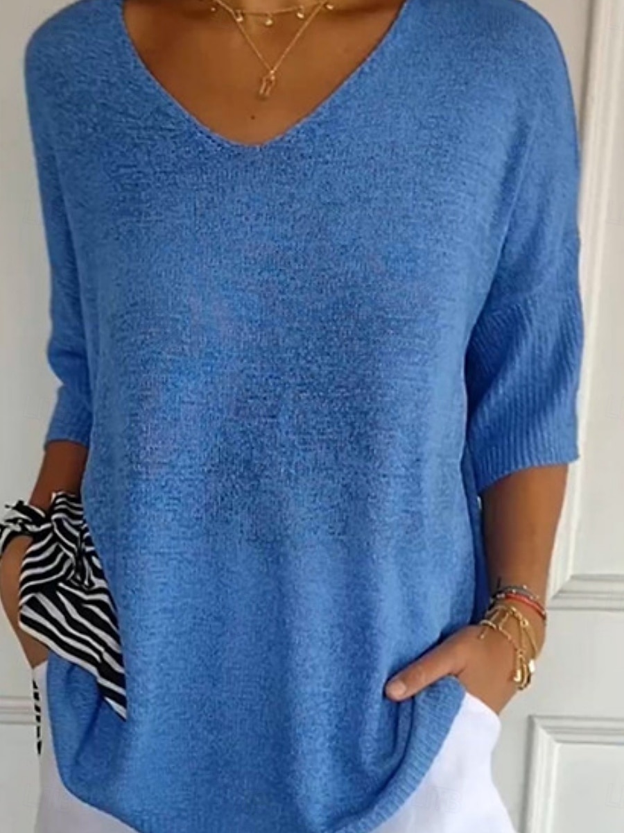 Per donna Felpa Maglione Quotidiano Elegante Casual Tinta unica A Coste Scollo a V Lavorato a maglia Manica 3/4 Top Regolari Maglia All'aperto Quotidiano Nero Bianco Estate Primavera del 2025 a $21.99 –P7