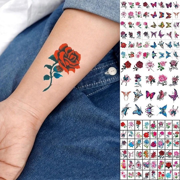 Moderní 3D tetovací samolepky, vodotěsné, dočasné body art pro ženy, barevné růže, květ, motýl, stylové malé, svěží, osobnostní design, zakrývání jizev, tetování 2026 - $9.99 –P1