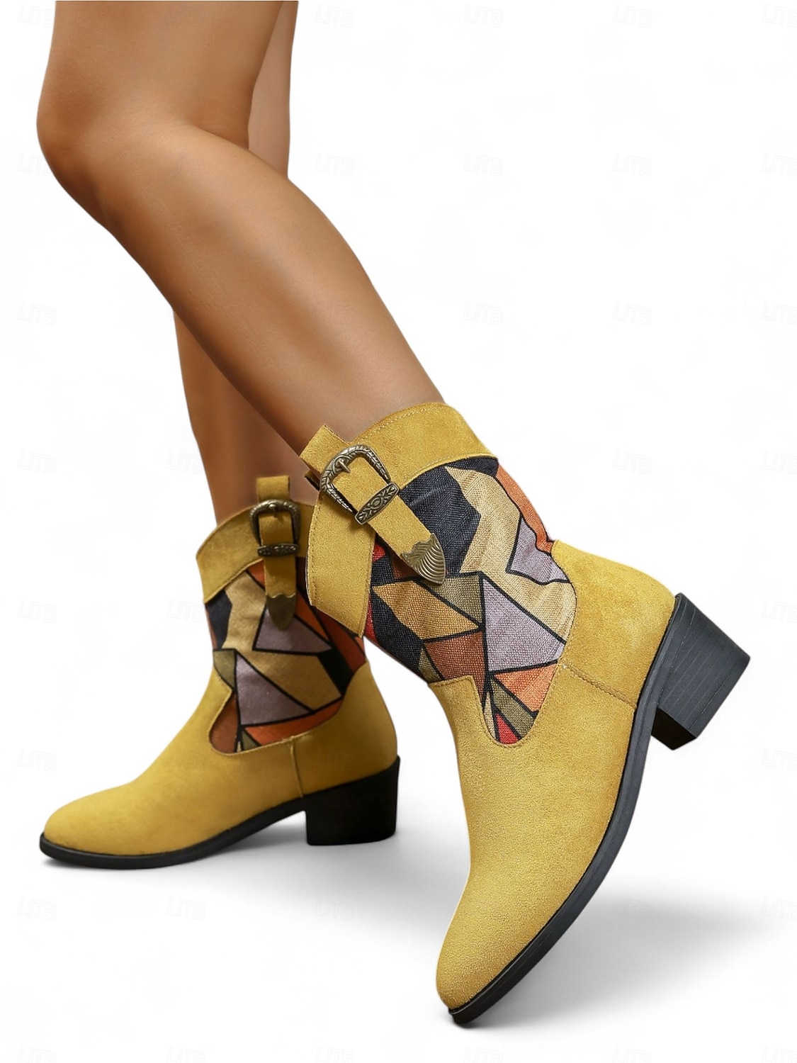 מגפי בוקרים מזמש לנשים עם אבזם בהדפס נמר ועקבים נמוכים, נעליים אופנתיות אורבניות 2025 - $34.99 –P3