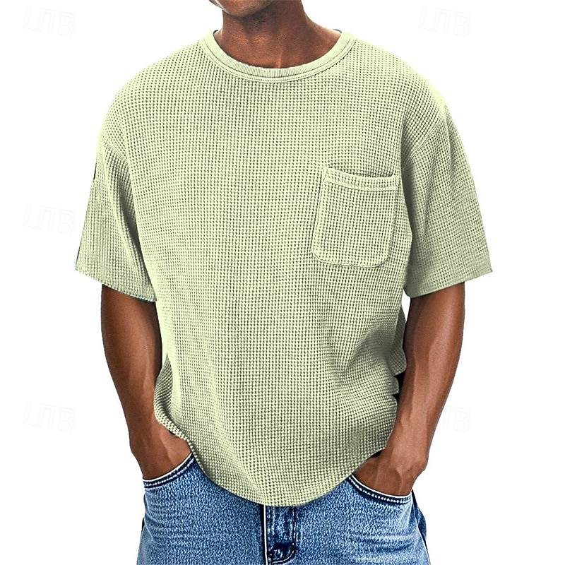 2025年 男性用 ワッフルTシャツ Tシャツ 半袖シャツ ティートップ 半袖 クルーネック 夏 平織り ファッション デザイナー ベーシック ポケット バケーション ストリート お出かけ ブルー ネイビーブルー パープル メンズトップTシャツ  コレクション – $18.49 –P6