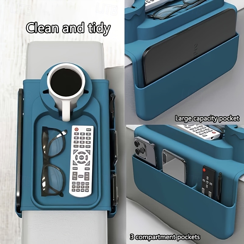 1 bandeja portavasos de silicona multifuncional para reposabrazos de sofá antideslizante con portavasos, posavasos resistente al calor, organizador con bolsillos laterales para controles remotos, 2025 - $40.99 –P4
