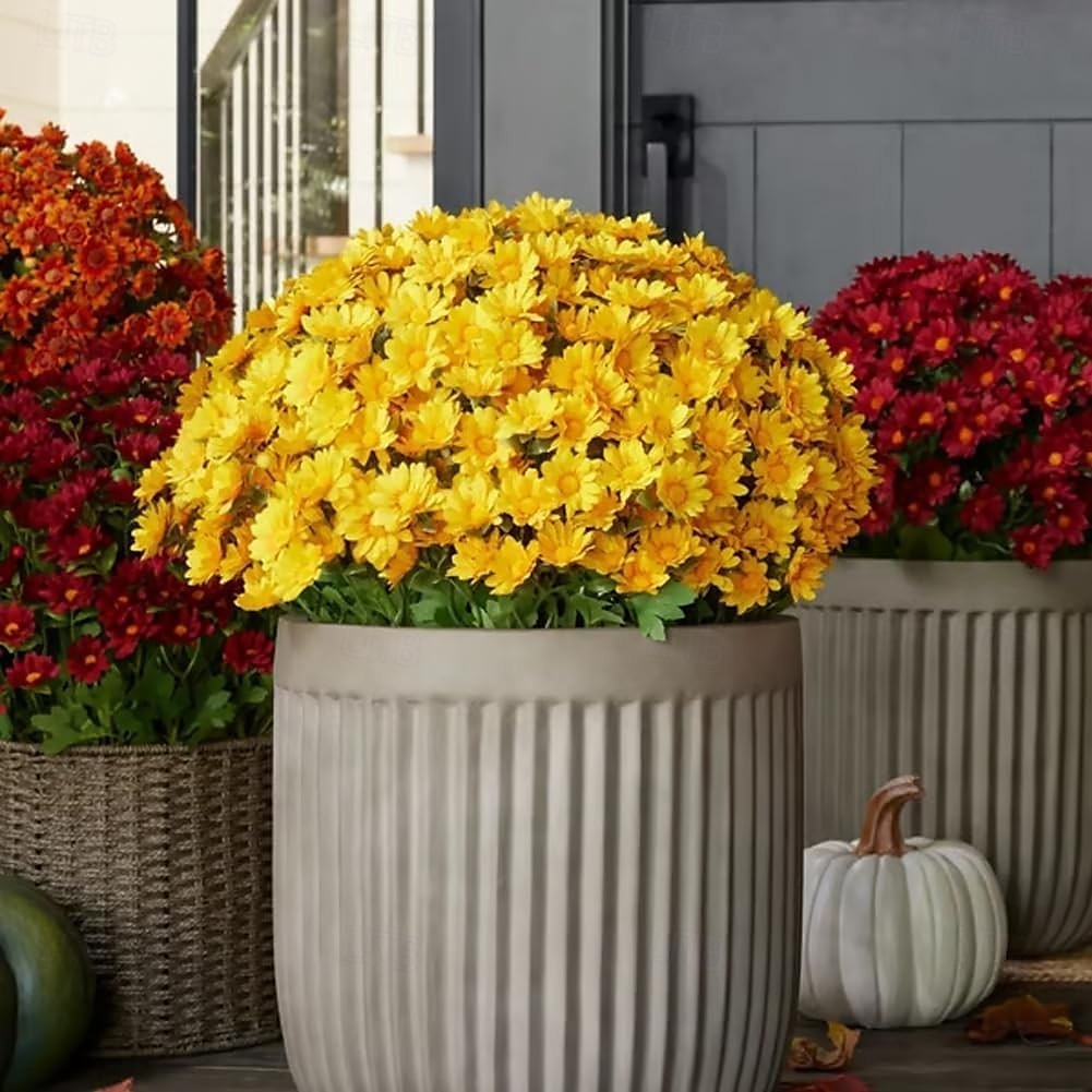 5 paquetes de crisantemos artificiales de otoño, crisantemos al atardecer, flores artificiales de otoño para exteriores con margaritas y eucalipto, resistentes a los rayos UV, impermeables, a prueba de viento, plantas realistas de plena floración para jar 2025 - $20.99 –P7