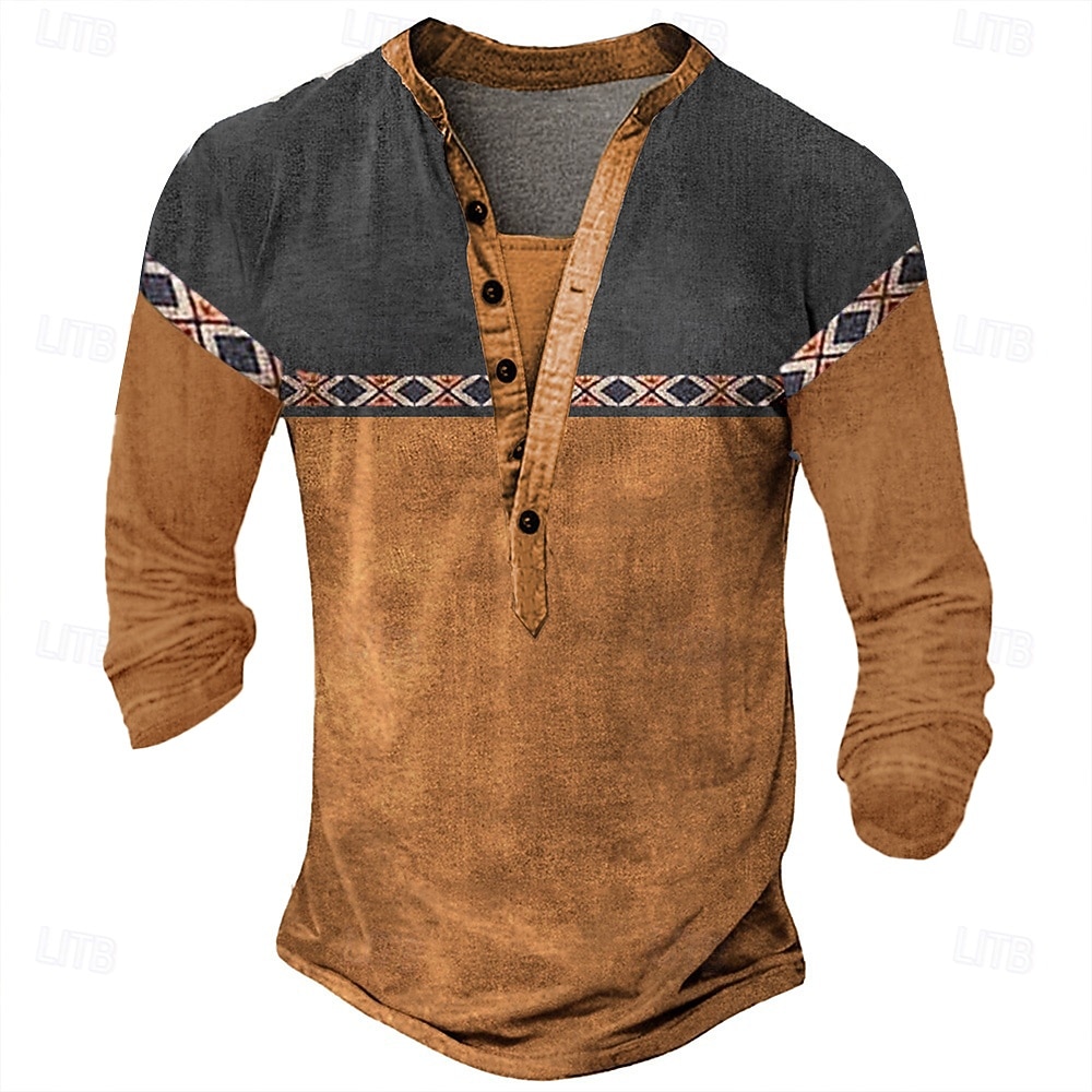 Men's Geometric Print T Shirt Henley Shirt Long Sleeve Designer Retro Vintage Ethnic Street Casual Daily Summer Spring Fall Black Green Navy Blue Brown Light Grey Henley Henley T-Shirt 2026 - $21.99 –P6