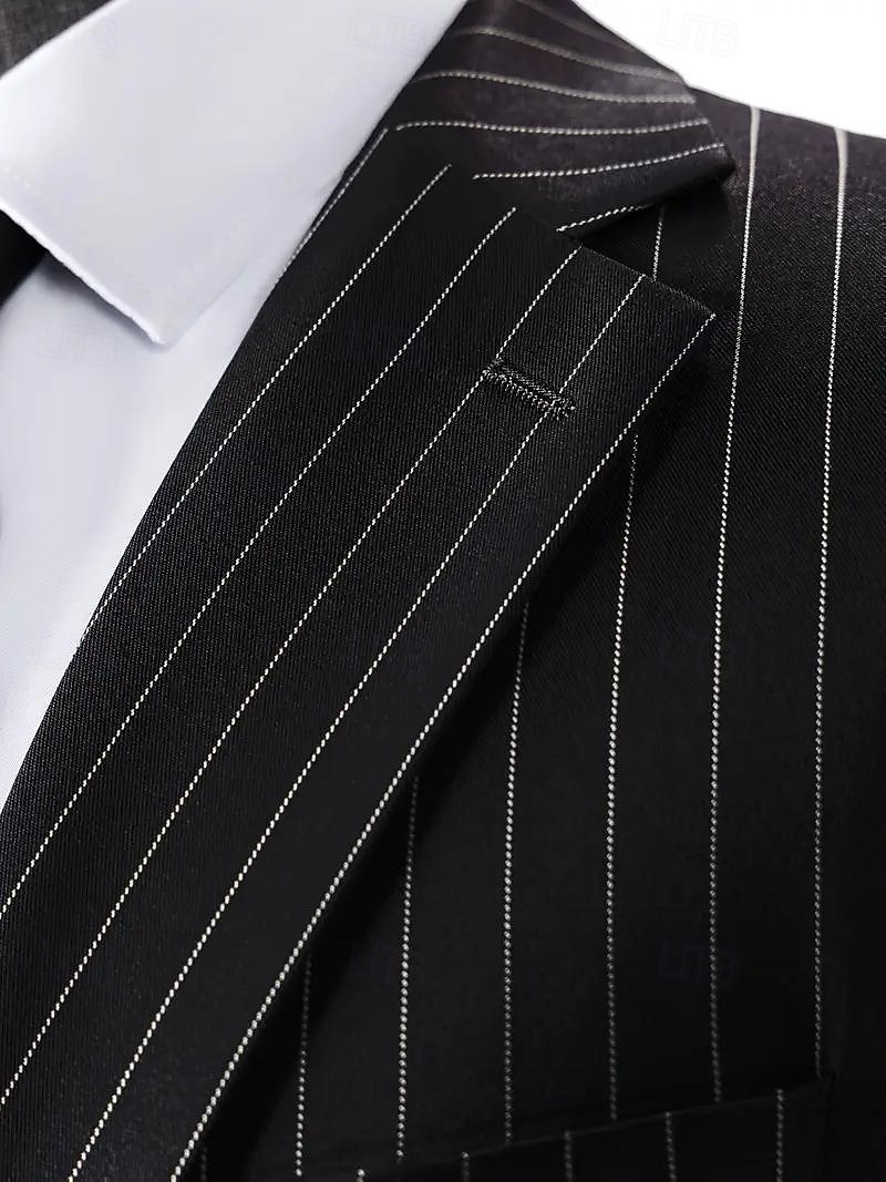 Uomo Abiti da lavoro Casuale Semi-Formale Nero Primavera, Autunno, Inverno, Estate Tuta Bavero classico Formale A righe Vestibilità su misura 3 pezzi Monopetto Due Bottoni del 2026 a $136.99 –P6