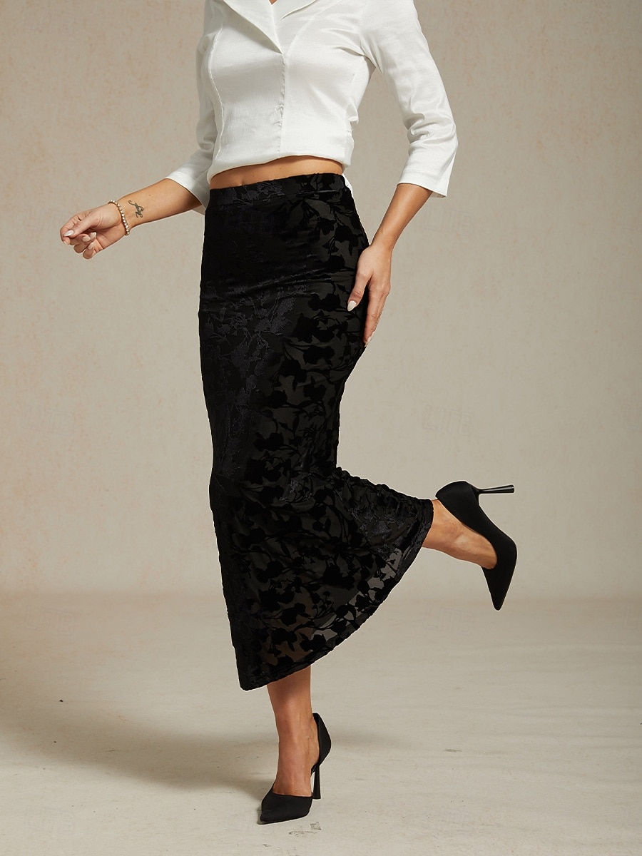 Femmes Jupe Trompette / Sirène Élégant ancien Maxi Taille haute Jupes Élastique Noir Printemps Velours de 2025 ? $59.99 –P5