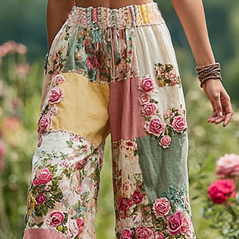 Mulheres Perna larga Calças Calça Palazzo Vintage Boho Comprimento total Cintura Alta Bloco de cor Flor Cintura elástica Estampado Respirabilidade Confortável Rua Roupa Diária Para Noite Rosa de 2025 por $20.99 –P2
