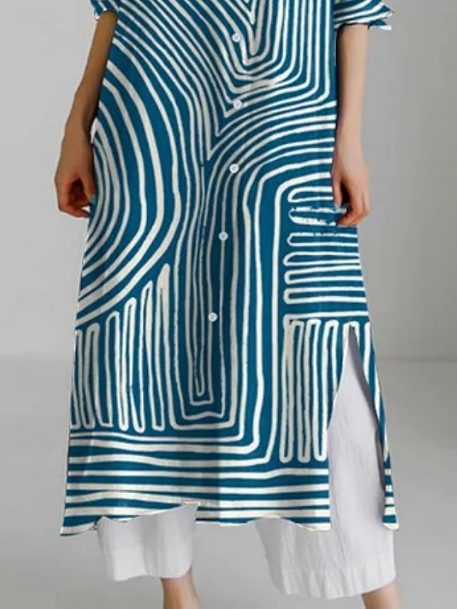 Femmes Robe Longue Maxi Robe Robe Chemise Robe Décontractée Mode Moderne Quotidien Fête Week-end Coupe régulière Géométrique Bloc de Couleur Manche 3/4 Col de chemise Bleu Été Printemps Automne de 2025 ? $41.99 –P2
