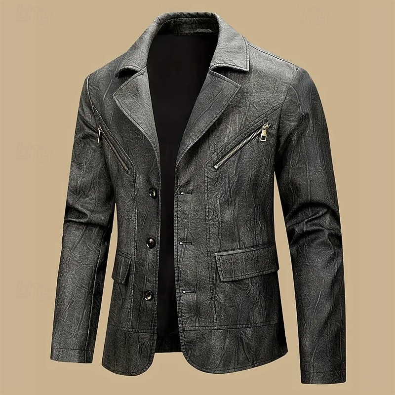 Herr Imitationsläderjacka Blazer i konstläder Bikerjacka Semester Dagligen Vindtät Håller värmen Ficka Vår Höst Slät Mode Klassisk Kavajslag Normal Imitationsläder Svart Kaffe Jacka 2025 - $55.99 –P2