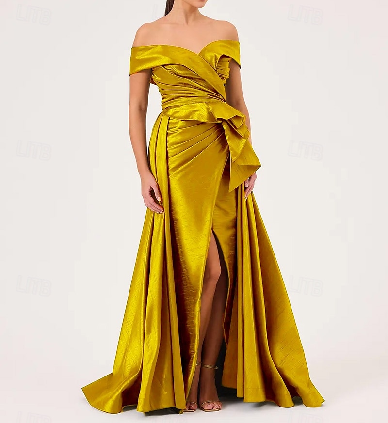 Abito da sera formale a linea A scollato con spalle scoperte taffetà elasticizzato stile celebrità abito formale matrimonio lungo fino al pavimento senza maniche con pieghe ruches e spacchi del 2025 a $159.99 –P9