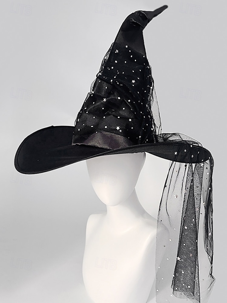 Dámský halloweenský čarodějnický klobouk – černý satén s hvězdnými třpytkami a průsvitným tylovým závojem – ideální pro halloweenské kostýmy a večírky 2025 - $14.99 –P5