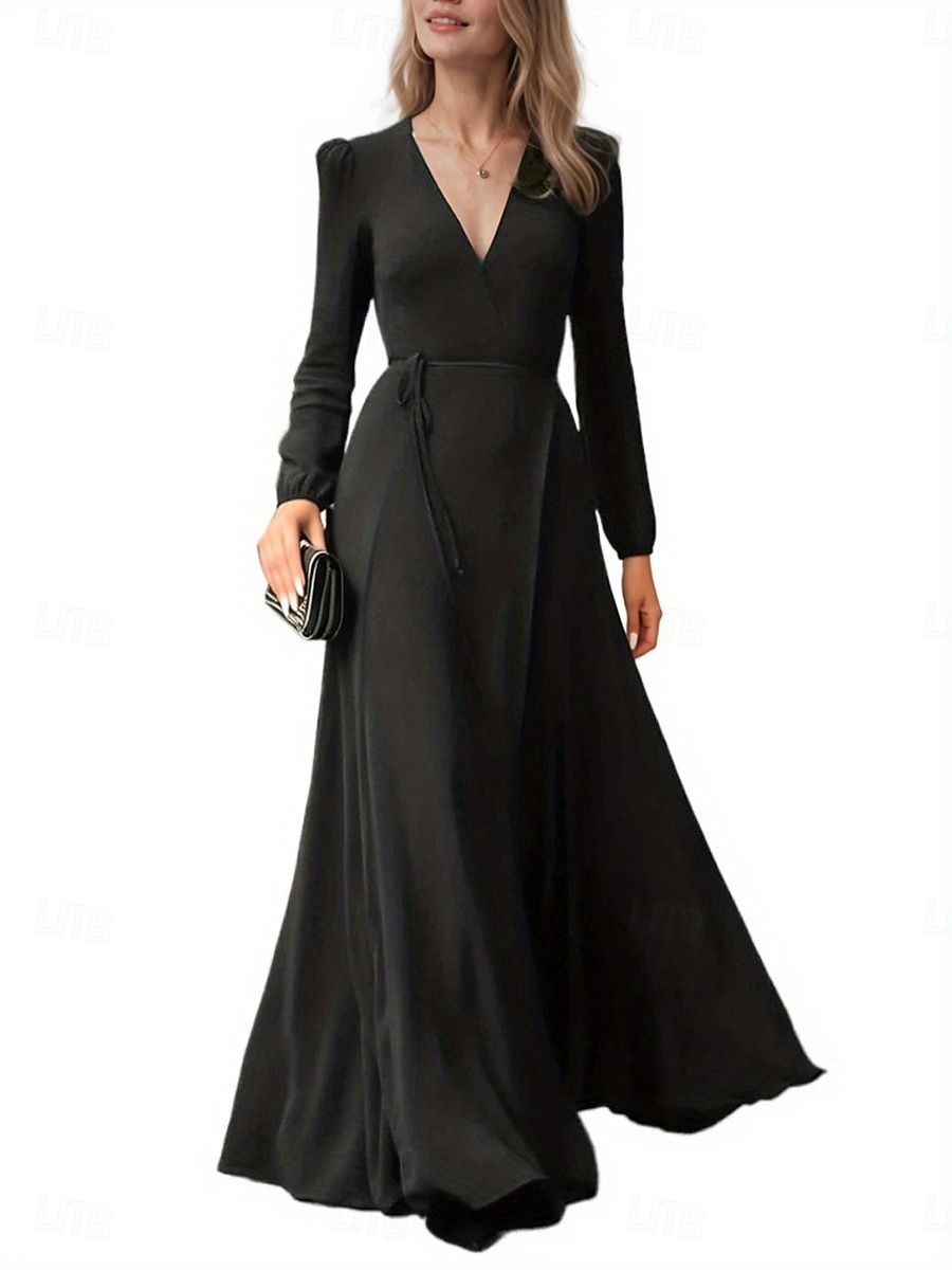 Pentru femei Rochie Maxi lungă Rochie Boho pentru invitați de nuntă Elegant Boemia Stilat Fit regulat Simplu Manșon Lung În V Negru Roșu Vin Trifoi Primăvară Toamnă 2025 - $27.99 –P1