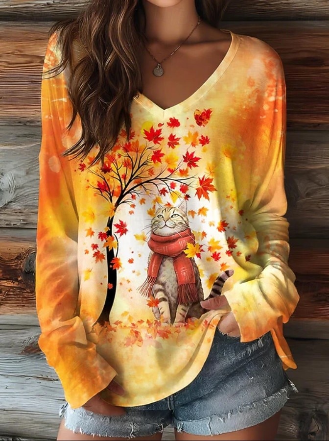 Semana Santa Mujer Camiseta Estampado Floral Graphic Gato Vintage Elegante Clásico Manga Larga Escote en Pico Tops regulares Diario Negro Amarillo Naranja Verano Primavera Otoño 2026 - $24.99 –P2
