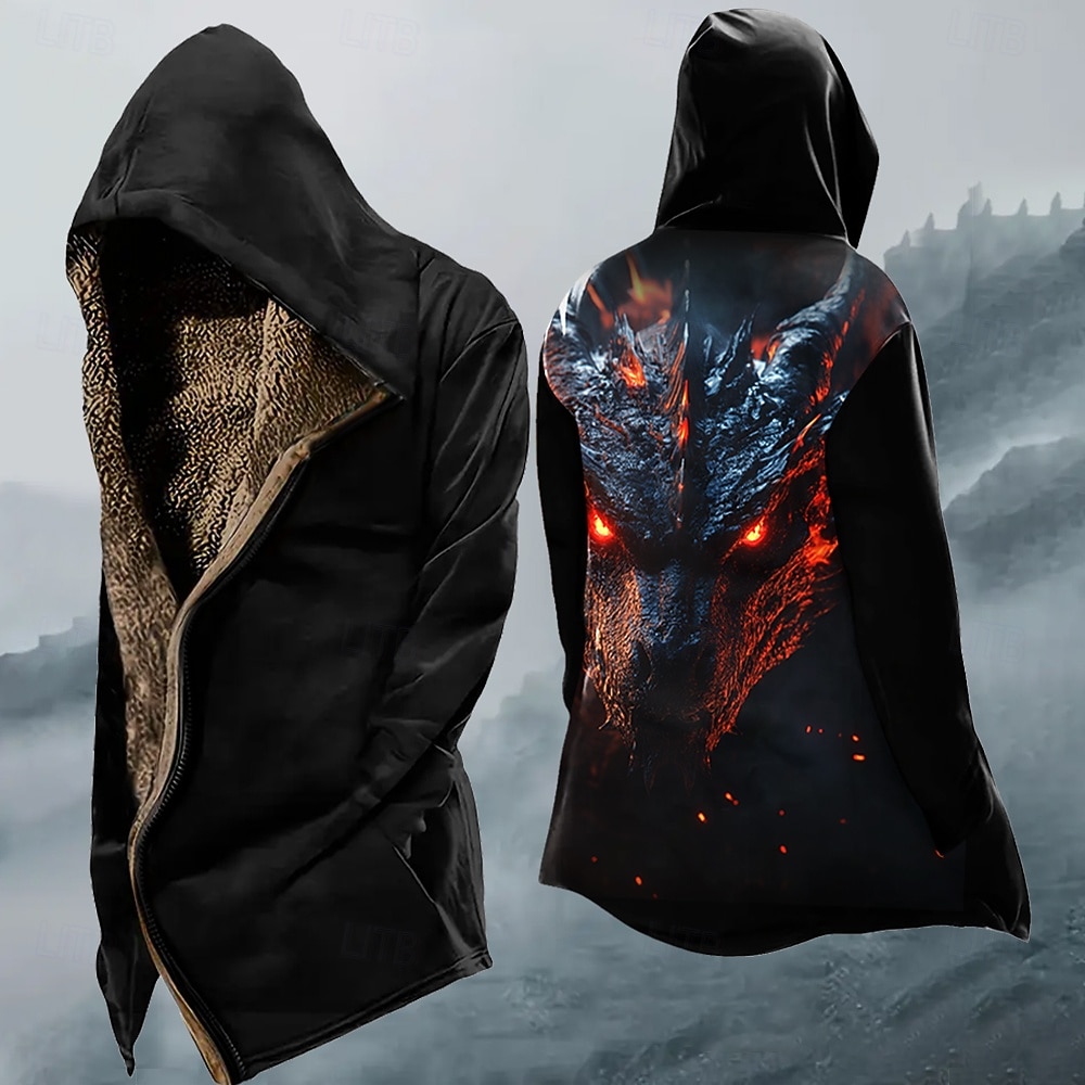 Halloween Herre Drage Vinterfrakk Fleece-jakke Frakk Hold Varm Bekvem Fritid Mørk Gate Dagligdagstøy Glidelås Lomme 3D-utskrift Høst Vinter Med hette Langermet Svart 2025 - $54.99 –P2