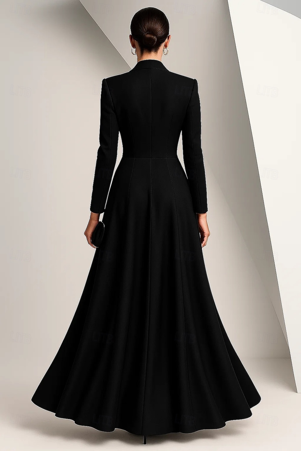 schwarzes Smokingkleid Blazerkleid A-Linie Kleid für die Brautmutter elegantes spitzes Revers bodenlanges Stretch-Satin Langarm mit Volltonfarbe 2025 2025 - $189.99 –P2