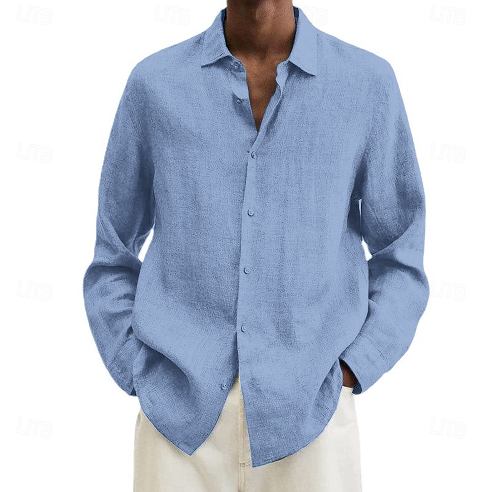 Camicia da uomo in cotone e lino, nera, rosa, blu navy, manica lunga, tinta unita, stile turndown, abbigliamento da vacanza, abbigliamento in poliestere, moda casual del 2025 a $19.49 –P10