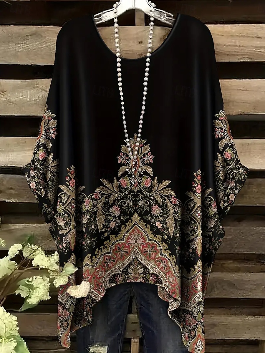 Жен. Блуза Ассиметричный Графика Геометрический принт Винтаж Повседневные На каждый день Рукав до локтя Летучая мышь Вырез под горло Обычные топы Повседневные Праздники Одежда для пляжа 2026 - $26.99 –P6