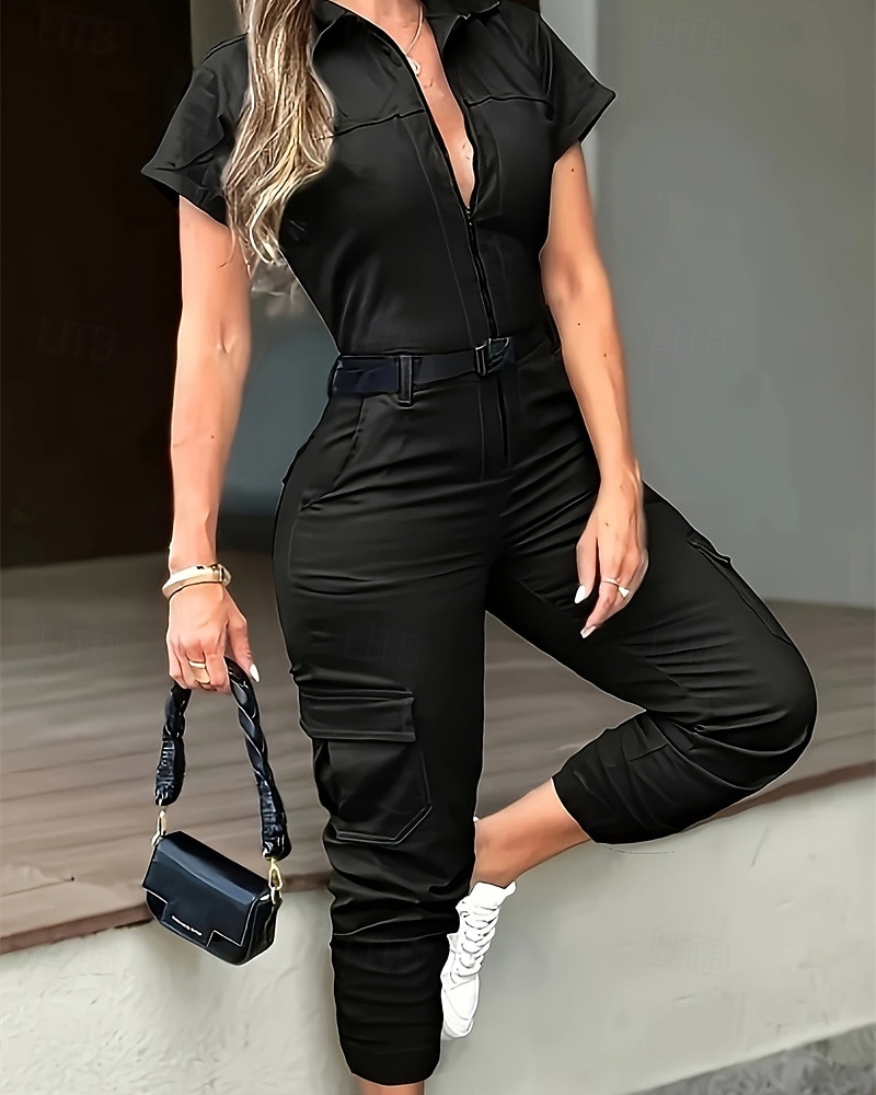 Women's Normal Jumpsuit Streetwear Solid Color Short Sleeve Cargo Pants Shirt Collar Pocket Street Daily Regular Fit Black White Khaki Fall 2026 - $41.99 –P5