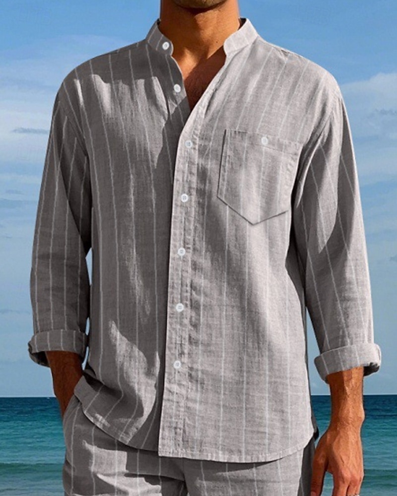 Per uomo Camicia Camicia di lino Camicia casual Camicia con Bottoni Camicia di cotone A righe Vacanza Camicia hawaiana Nero Bianco Blu reale Cachi Manica Lunga Colletto alla coreana Primavera Autunno del 2025 a $26.99 –P7
