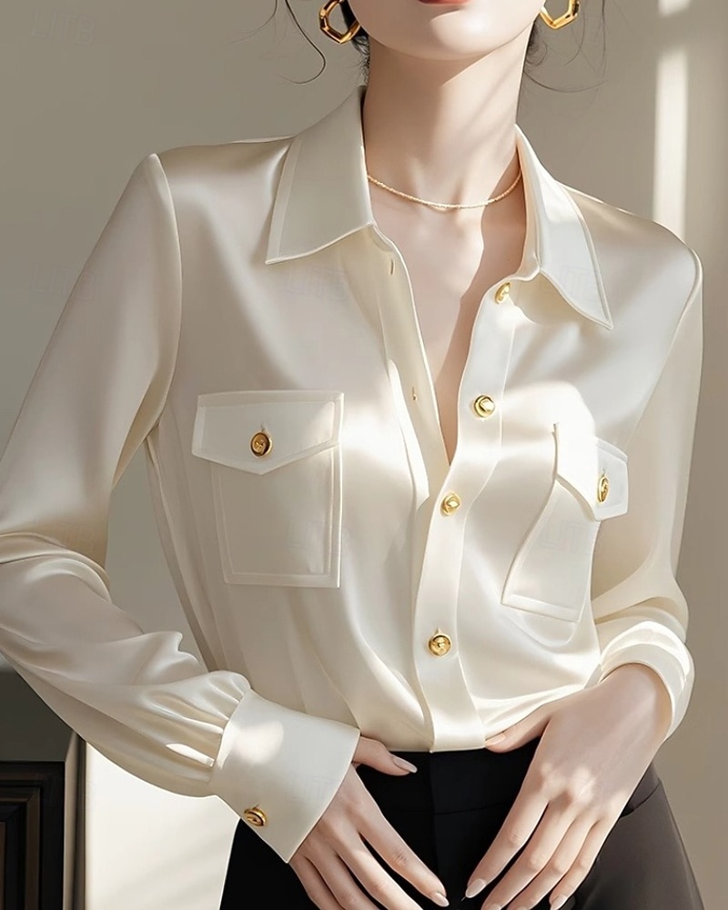 Dames Overhemd Blouse Effen Actief Stijlvol Lange mouw Overhemdkraag Normale tops Werk Uitgaan Formele kleding Zak Knop Beige Herfst 2025 - $31.99 –P1