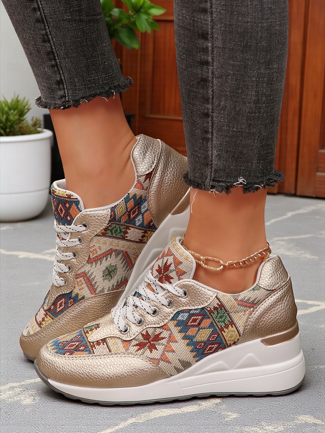 sneakers con zeppa dorate da donna – scarpe da ginnastica con plateau e lacci con stampa etnica per abbigliamento casual da strada e viaggi del fine settimana del 2026 a $34.99 –P6
