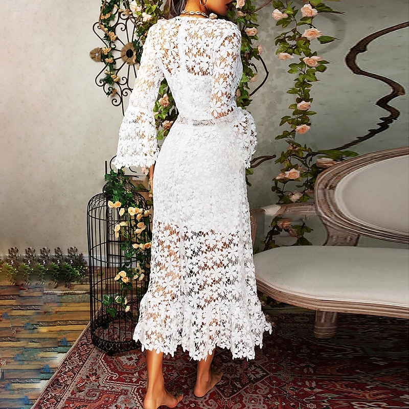 Damen Langes Kleid Maxikleid Spitzenkleid Freizeitkleid Sommerkleid Mode Modern Täglich Strand Wochenende Normale Passform Einfach Langarm V Ausschnitt Weiß Gelb Rosa Blau Sommer Frühling 2025 - $34.99 –P5