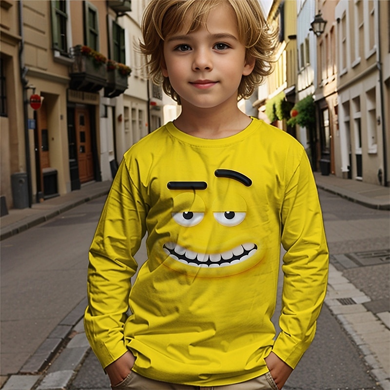 Pojkar tecknat roligt leende ansikte t-shirt långärmad 3D-tryck höst vintermode grundläggande barn 4-12 år rund hals utomhus casual daglig normal passform 2025 - $13.99 –P1