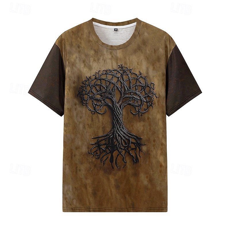 Herren T-Shirt Kurzarmshirt Kurzarm Rundhalsausschnitt Sommer Herbst Grafik Baum des Lebens Yggdrasil Mode Designer Retro Vintage Druck Urlaub Straße Ausgehen Dunkel Braun Schwarz Braun Top T-Shirt 2026 - $14.49 –P1