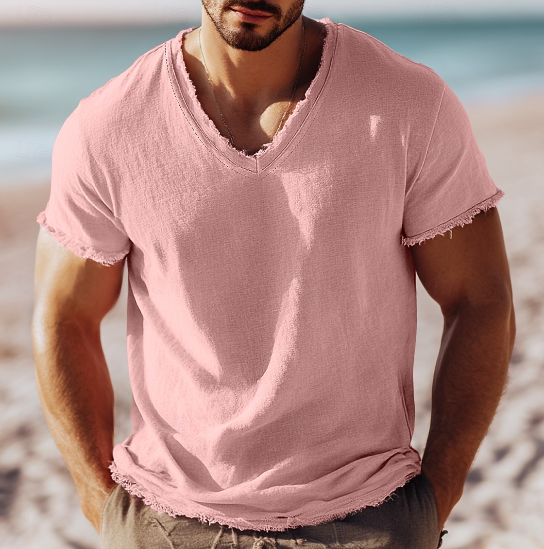 2025年 男性用 ティートップ リネンTシャツ 半袖 Ｖネック 夏 平織り ファッション デザイナー ベーシック ソフト バケーション ストリート カジュアル／普段着 ピンク ホワイト ライトブルー メンズトップTシャツ  コレクション – $18.99 –P1