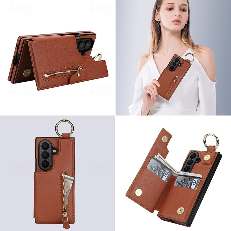 هاتف غطاء من أجل سامسونج جالاكسي Z فولد 7 زي فولد 6 Z Fold 5 Z Fold 4 غطاء خلفي مسند الدراجة فتحة لبطاقة مشبك حلقة مكتب  /  الأعمال TPU جلد PU 2025 - $24.99 –P3