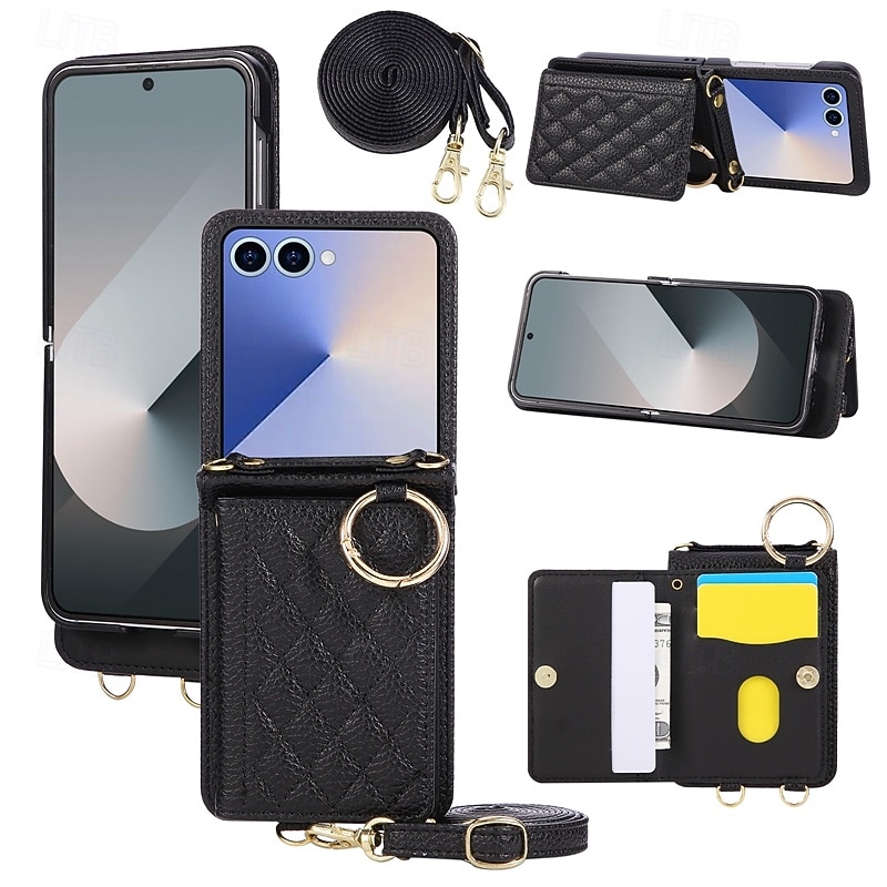 telefone Capinha Para Samsung Galaxy Z Flip 7 Z Virar 6 Z Flip 5 Z Flip 4 Capa traseira com cordão Pata de Apoio Slot para cartão Retro TPU Couro PU de 2025 por $15.99 –P1