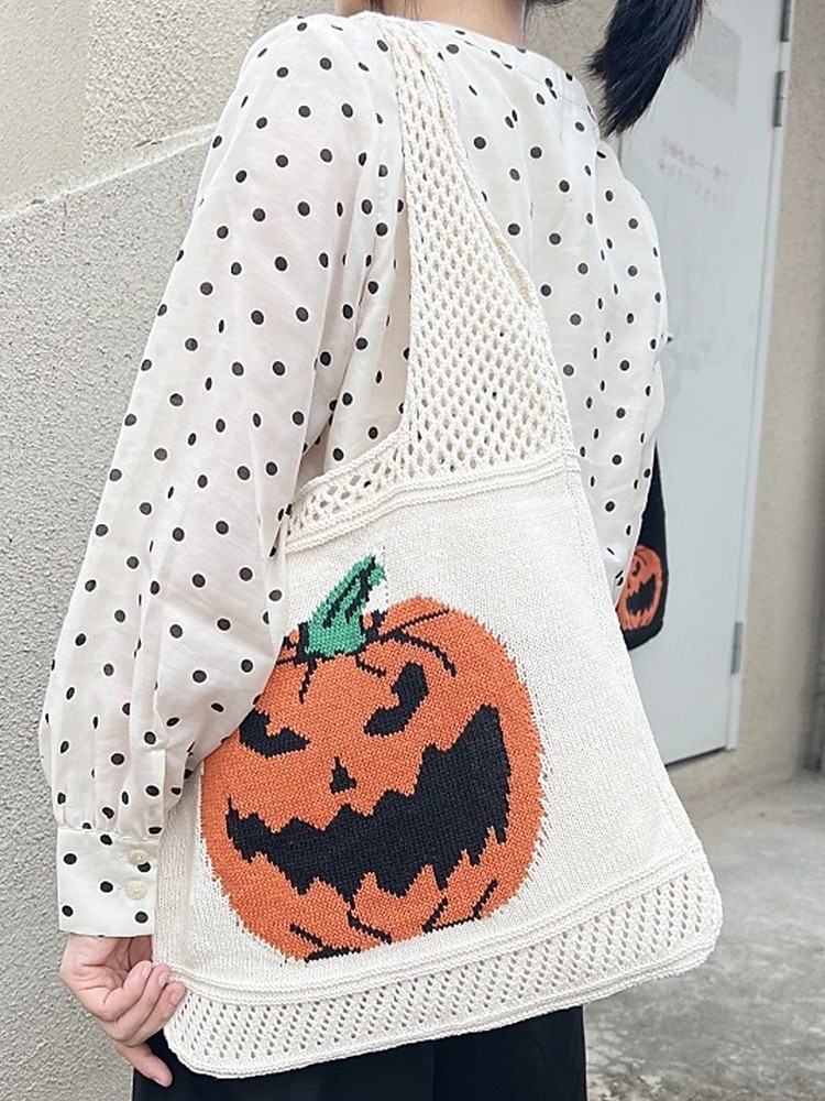 Dámská pletená taška s motivem dýně na Halloween, černá kabelka přes rameno, ležérní nákupní taška na koledování na festivaly, večírky a každodenní nošení 2025 - $14.99 –P4