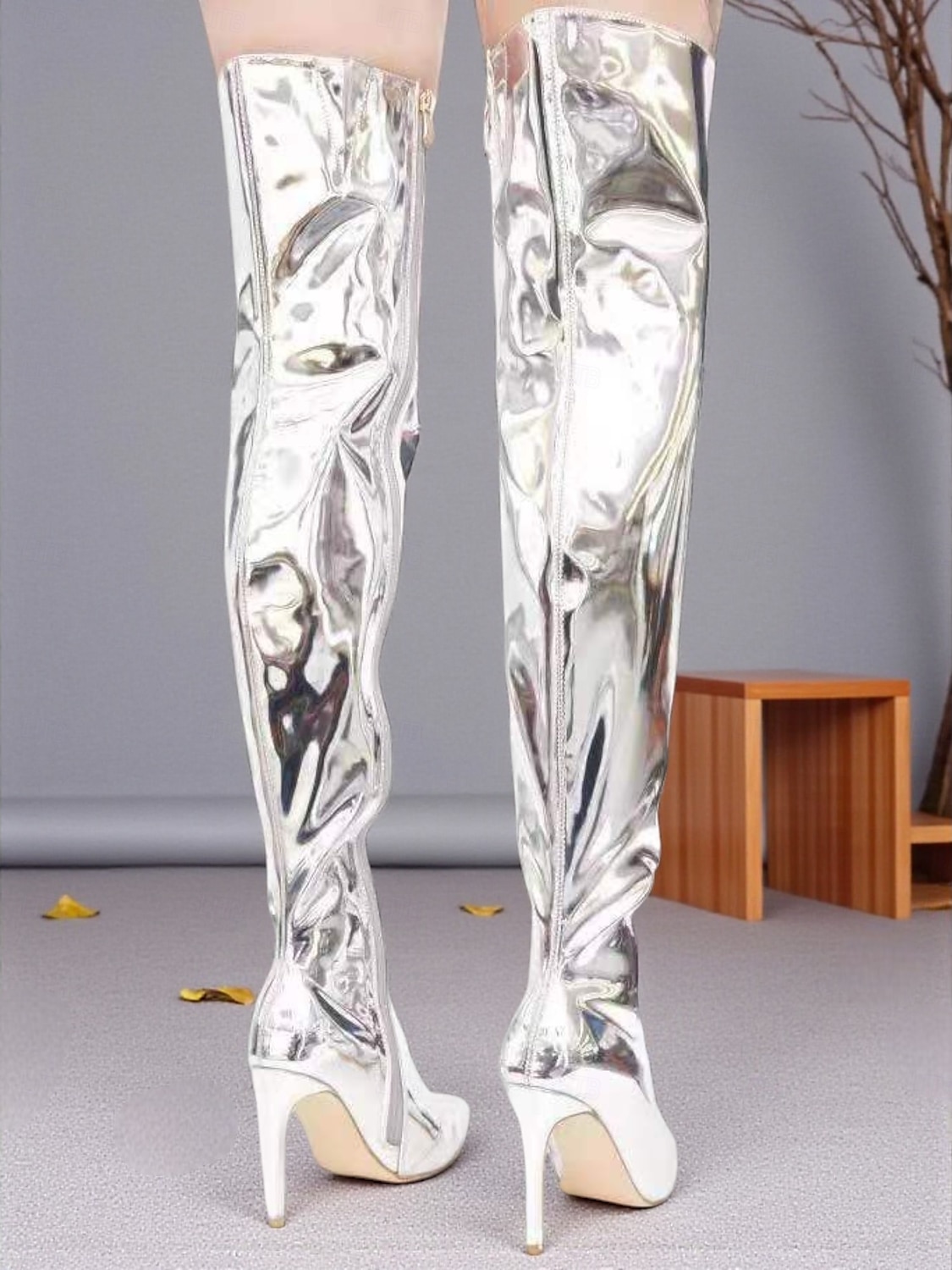 Γυναικείες μαύρες μπότες στιλέτο πάνω από το γόνατο με μυτερή μύτη από λουστρίνι - σέξι υποδήματα για πάρτι νυχτερινής διασκέδασης 2026 - $59.99 –P2