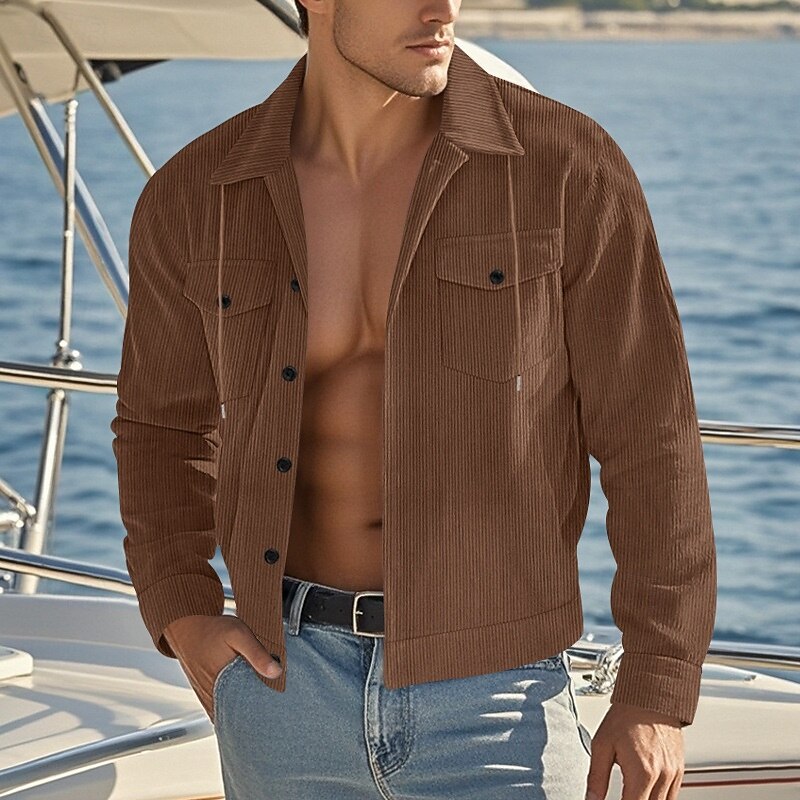 Homens jaqueta leve Jaqueta de Veludo Jaqueta Carga Jaqueta casual Férias Diário Respirável Bolsos Primavera Outono Tecido Moda Clássico Colarinho Chinês Padrão Adamascado Preto Verde Escuro Marron de 2025 por $32.99 –P17