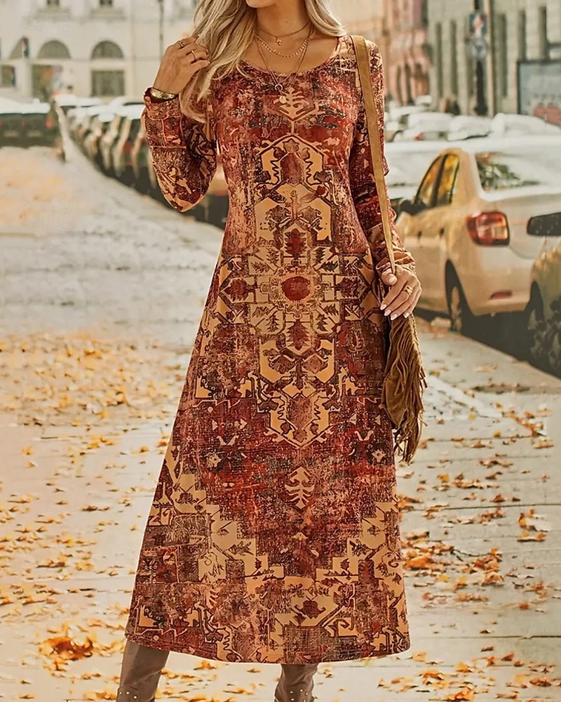 Femmes Robe Longue Maxi Robe Robe Décontractée Robe Imprimée Mode Moderne Quotidien Date Week-end Coupe régulière Fleur manche longue Col ras du cou Marron Printemps Automne de 2025 ? $21.99 –P1