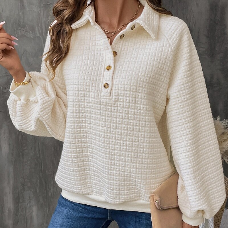 Hanorac textură pentru femei, hanorac tip waffle, pulover, hanorace, streetwear, simplu, casual, mânecă lungă, decolteu în V, topuri regulate, ieșiri în oraș, nasturi, bej, toamnă 2025 - $31.99 –P2