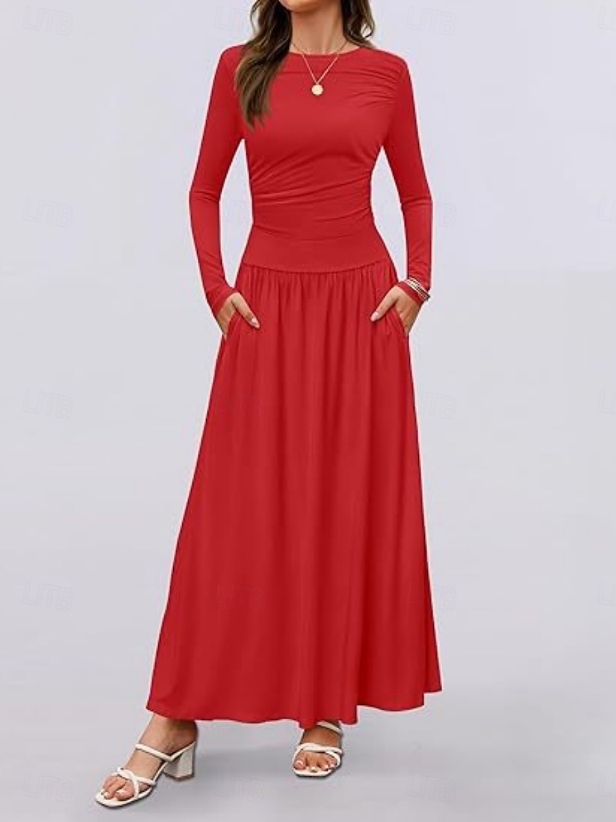 Dames Maxi-jurk Trui-jurk A lijn jurk Casual Dagelijks Normale pasvorm Effen Lange mouw Strakke ronde hals Zwart Blozend Roze Rood Bruin Lente Herfst Winter 2025 - $29.99 –P17