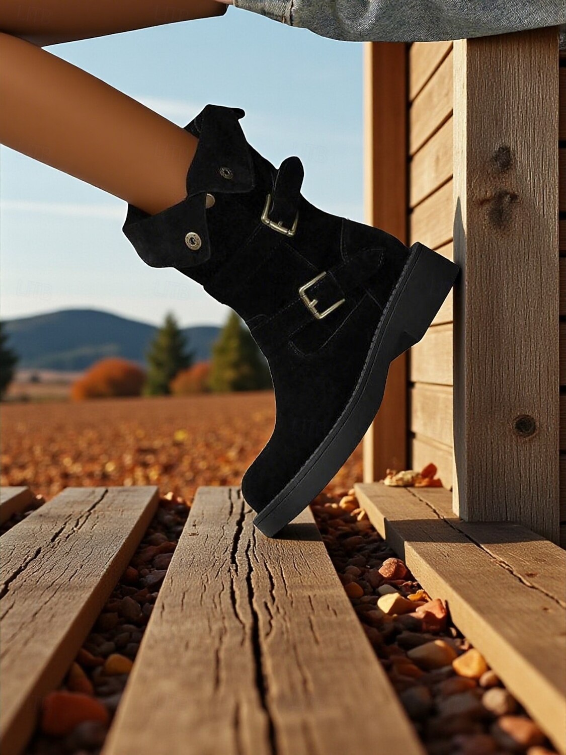 Bottes mi-mollet en daim pour femmes avec sangles à boucle, chaussures à talons bas confortables de style rétro décontracté pour le streetwear urbain et les tenues de tous les jours de 2025 ? $84.99 –P5