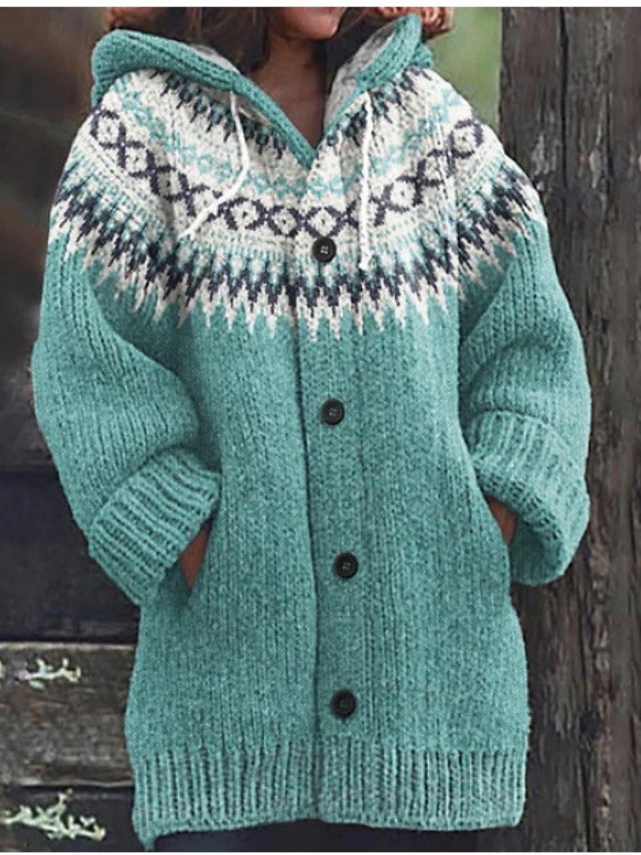 Women's Sweater Cardigan Elegant Fashion Streetwear Graphic Striped Hooded Pocket Knitted Print Long Sleeve Regular Tops Knit Outdoor Daily Weekend Navy Blue Blue Fall Winter 2026 - $61.99 –P4