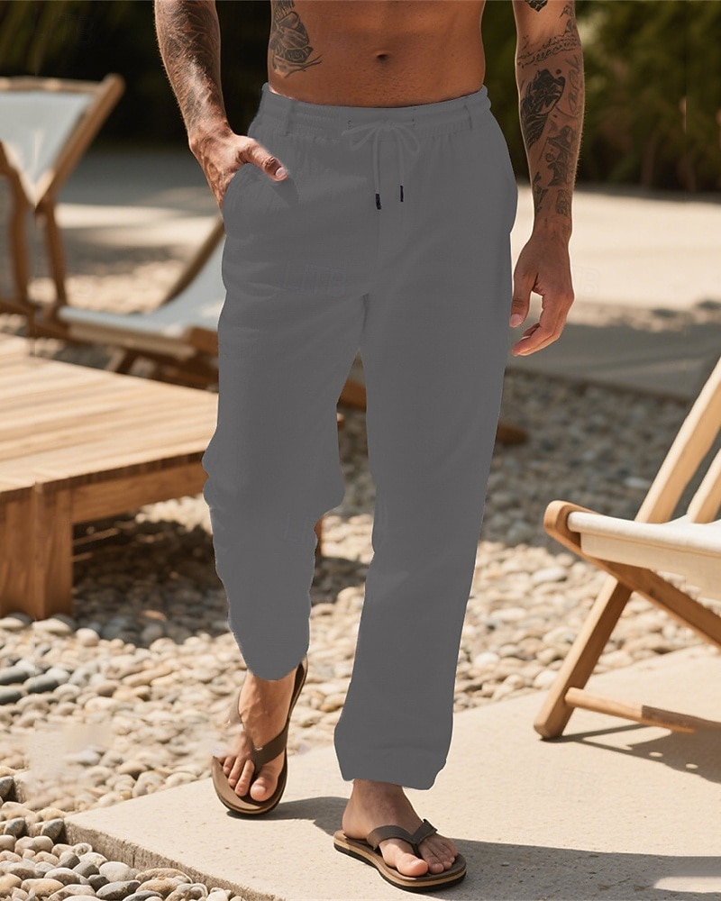 Herr Linne Byxor Långbyxor Sommarbyxor Strandbyxor Snörning Ficka Elastisk midja Slät Komfort Andningsfunktion Semester Dagligen Helgdag Hawaiisk Boho 다크 카키 Svart 2025 - $17.99 –P17
