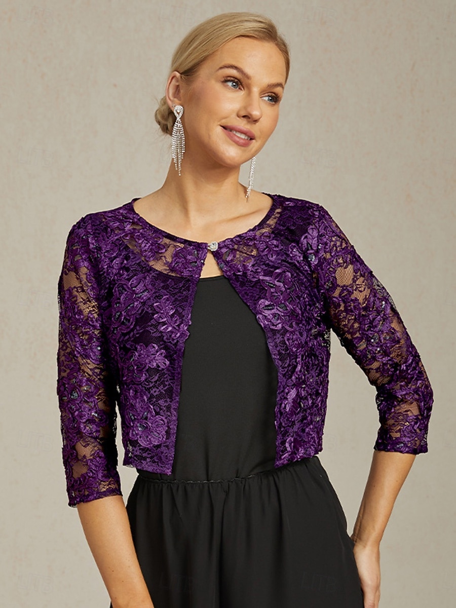 veste blazer femme dentelle brodée paillettes ouvert devant élégant floral formel anniversaire fête mariage invité ouvert devant court col rond coupe régulière manches 3/4 vêtements d'extérieur de 2025 ? $59.99 –P1