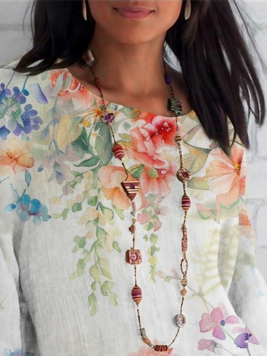 Жен. Рубашка Цветочный принт Повседневные На каждый день Рукав 3/4 Вырез под горло Обычные топы Повседневные Праздники С принтом Зеленый Лето Весна Осень 2025 - $26.99 –P1