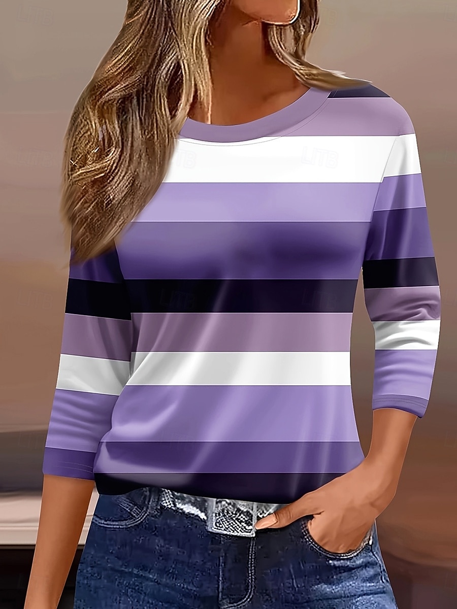 Women's T shirt Long Sleeve Graphic Geometric Striped Vintage Stylish Classic Long Sleeve Crew Neck Round Neck Regular Tops Daily Print Sage Green Red Purple  Spring Fall Prefall 2026 - $24.99 –P1