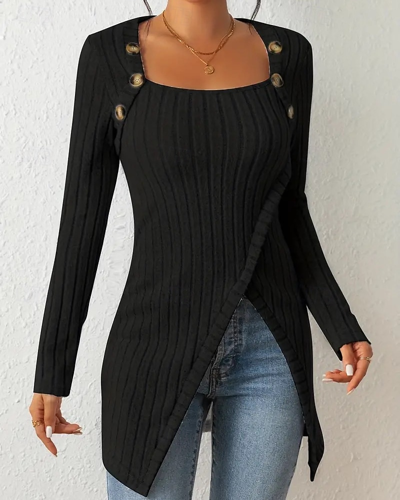 Women's T Shirt Tee Top Buttons Asymmetrical Solid Color Elegant Fashion Long Sleeve Square Neck Regular Tops Daily Weekend Black Brown Rose Pink Gray Spring Fall 2026 - $22.99 –P4