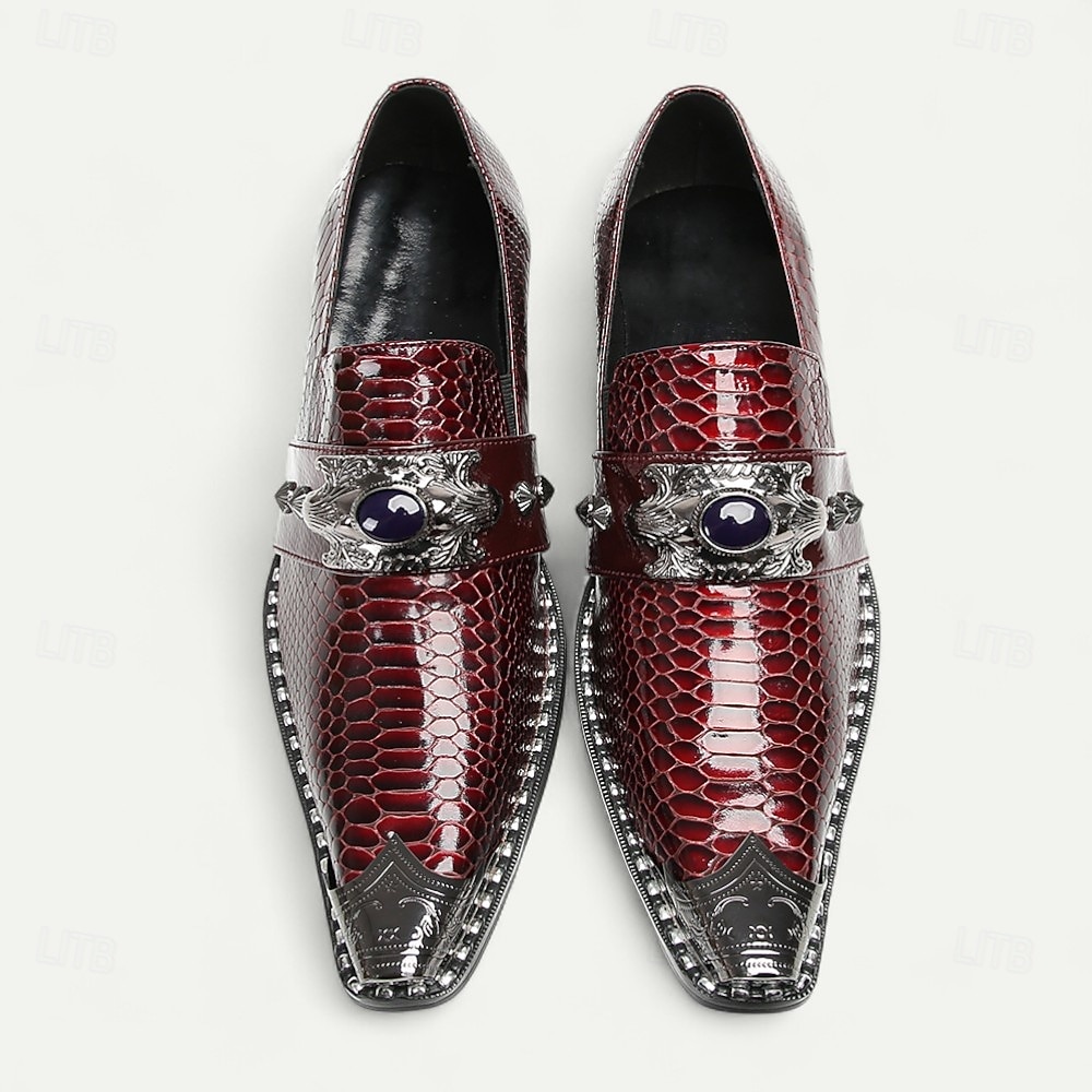 Mocassins en cuir à motif crocodile bordeaux pour hommes avec boucle en métal et détail de pierres précieuses, chaussures habillées de luxe pour mariages, fêtes et occasions formelles de 2025 ? $109.99 –P5