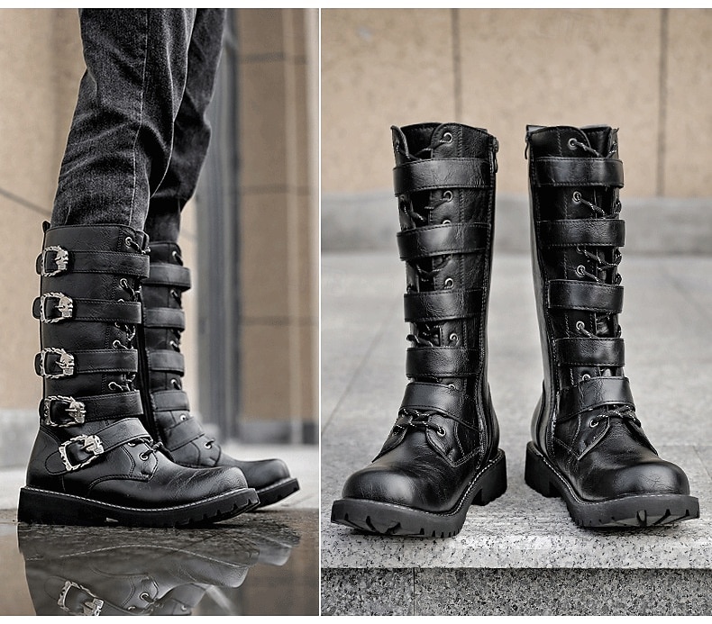Botas masculinas de cano alto com tiras de fivelas múltiplas e design de cadarço - calçado de combate estilo punk gótico para uso casual urbano e moda de rua de 2025 por $59.99 –P3