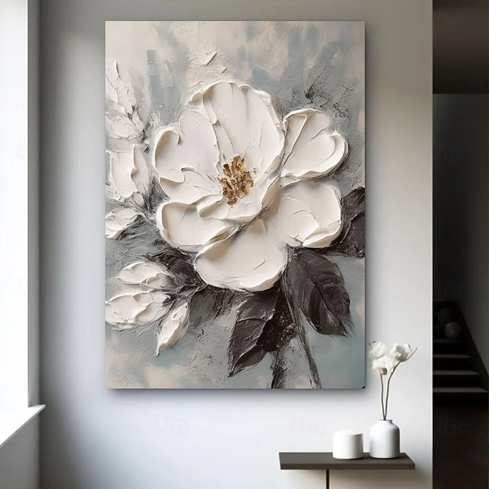 Peinture à l'huile 3D faite à la main, œuvre d'art florale blanche, teintes riches et technique d'impasto texturée mettant en valeur des fleurs vives et des coups de pinceau détaillés. Peinture à de 2025 ? $54.99 –P3