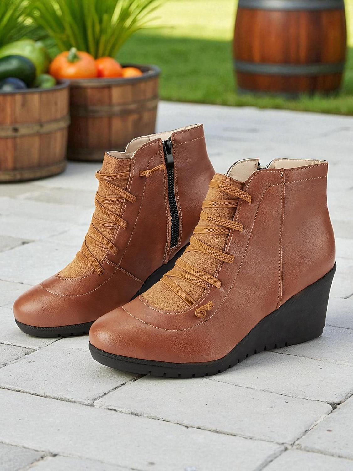 Bottines compensées en similicuir marron pour femme avec fermeture éclair latérale – bottines à lacets décontractées et confortables pour le travail, le shopping et les voyages de 2025 ? $32.99 –P3